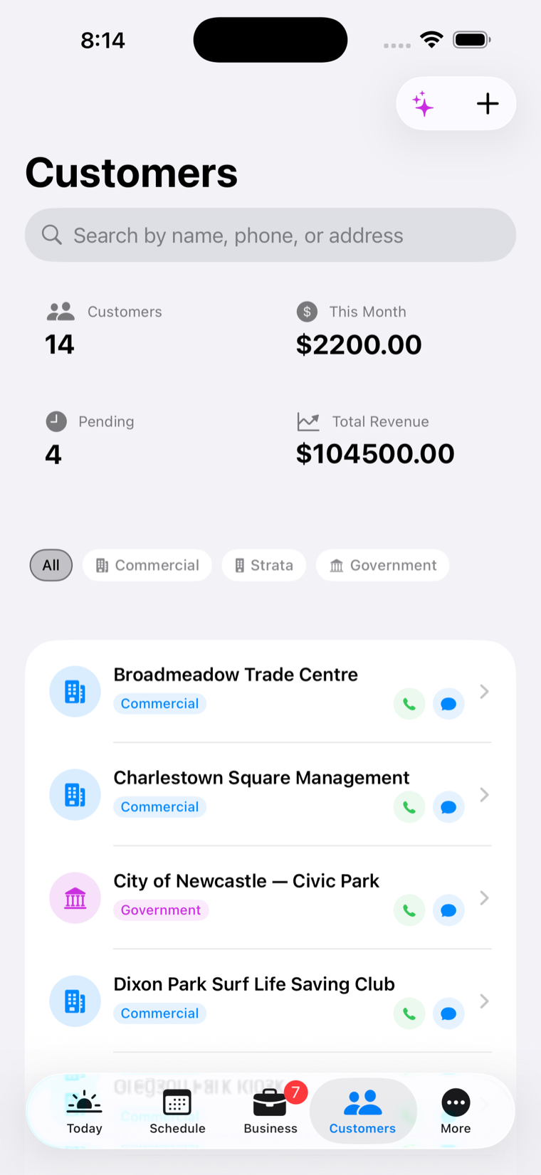 Customer list with properties and job history