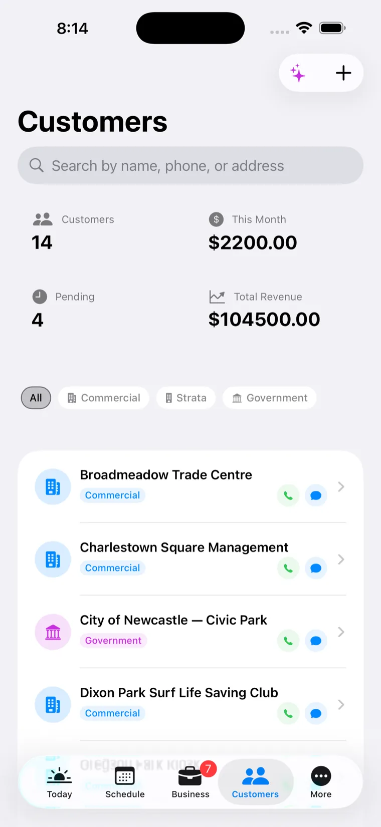 Customer list with properties and job history