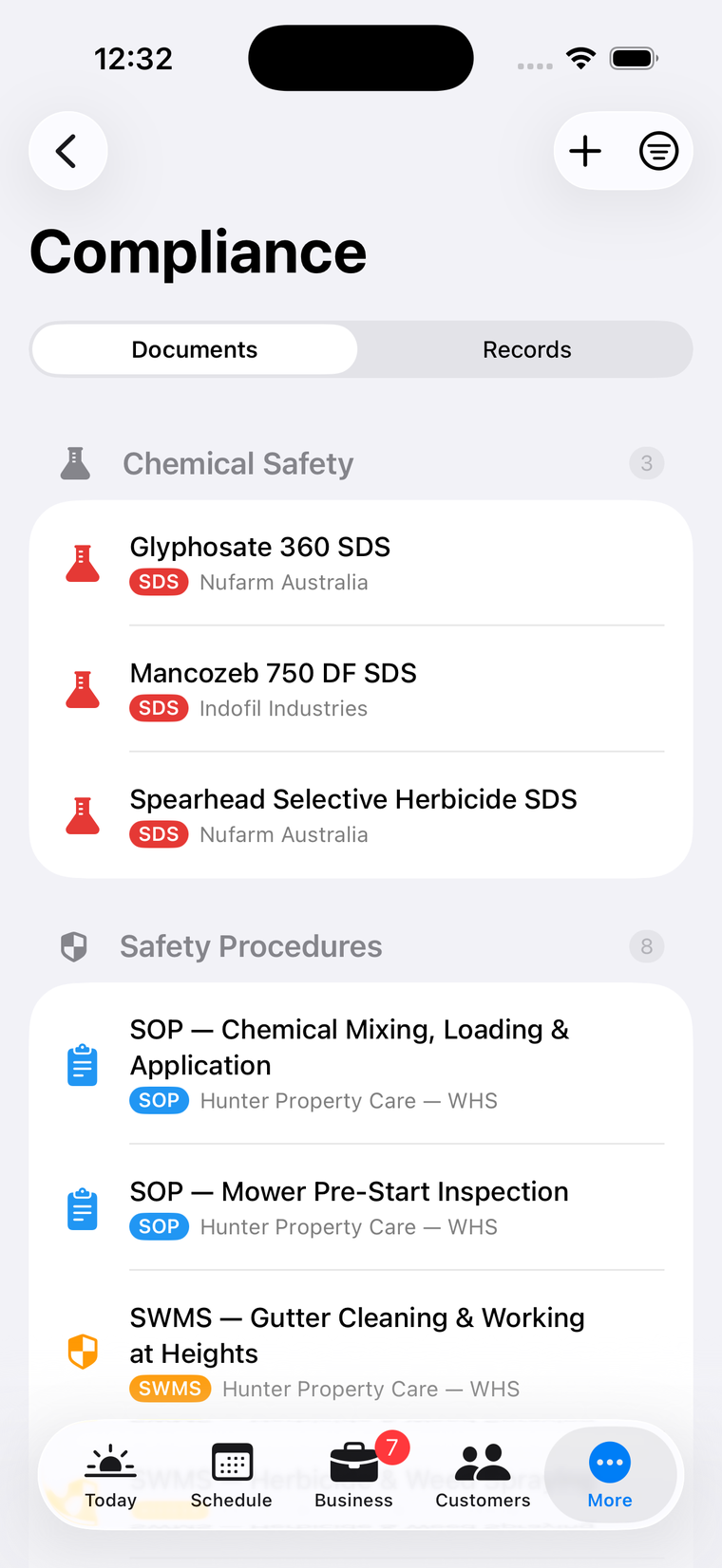 Compliance library — SDS, SWMS, SOPs and licences carried on every job