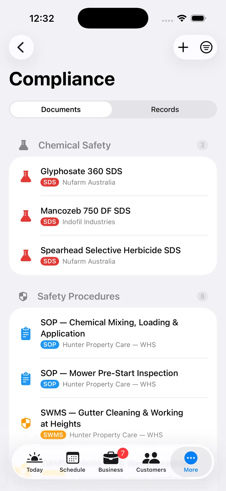 Compliance library — SDS, SWMS, SOPs and licences carried on every job