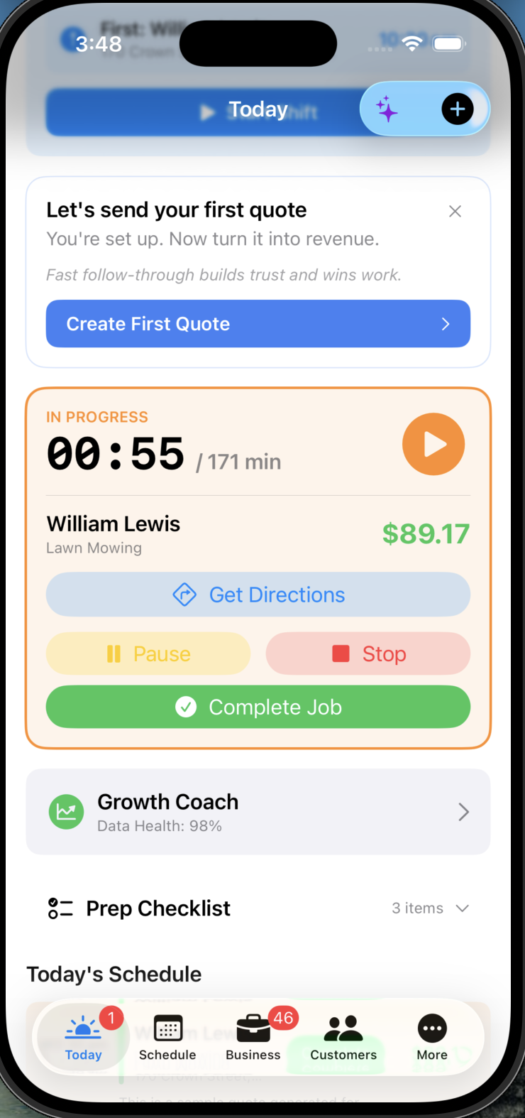Active job timer showing William Lewis lawn mowing in progress