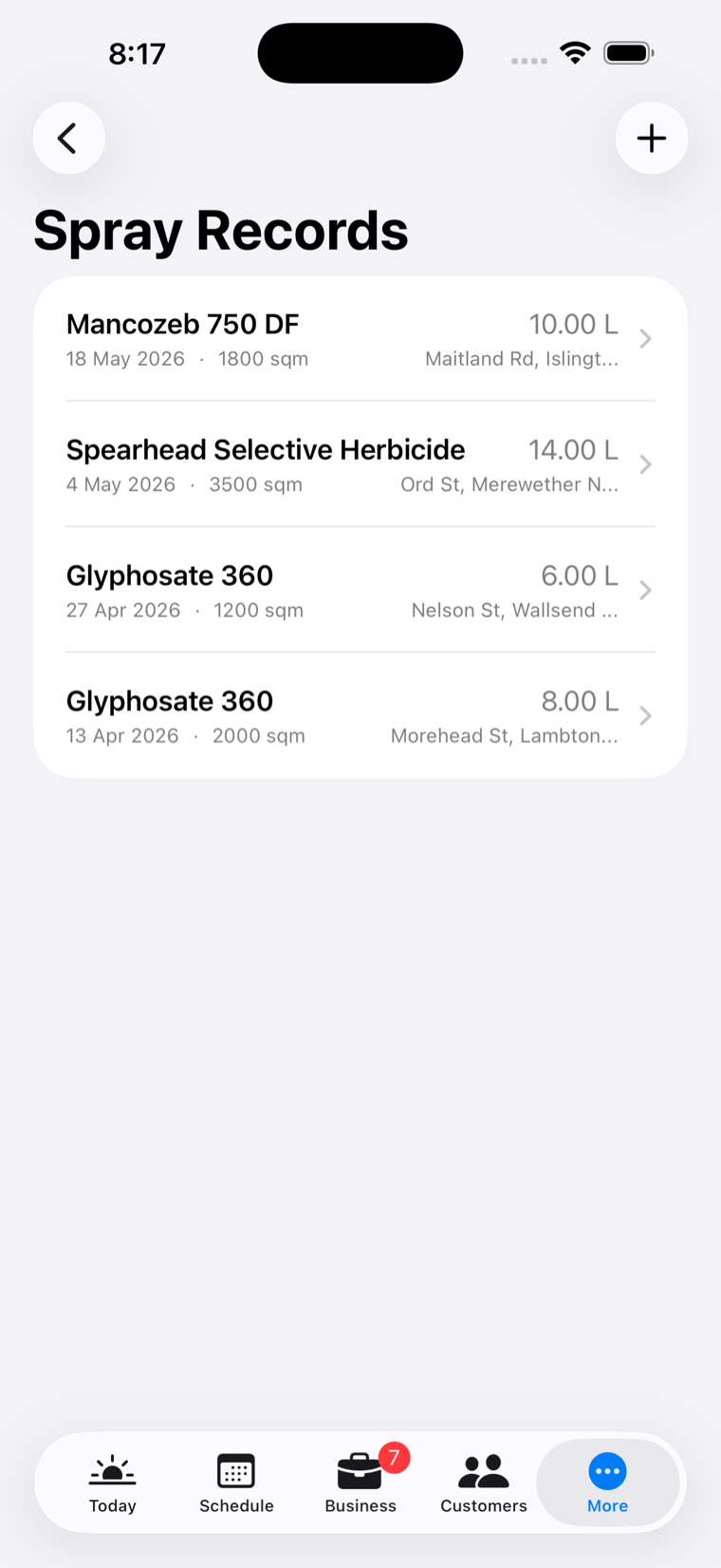 Spray records log — product, rate, area, date and site