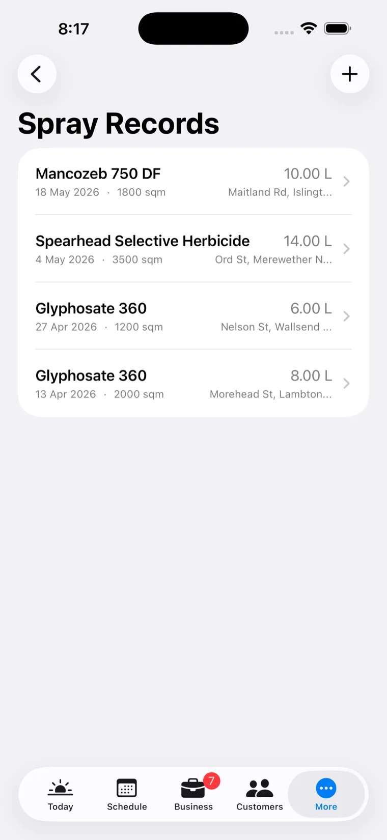 Spray records log — product, rate, area, date and site