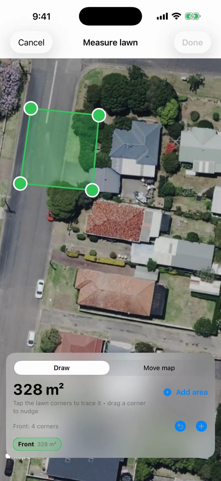 Quote flow showing the confirmed measurement — Measured: 328 square metres, tap to adjust