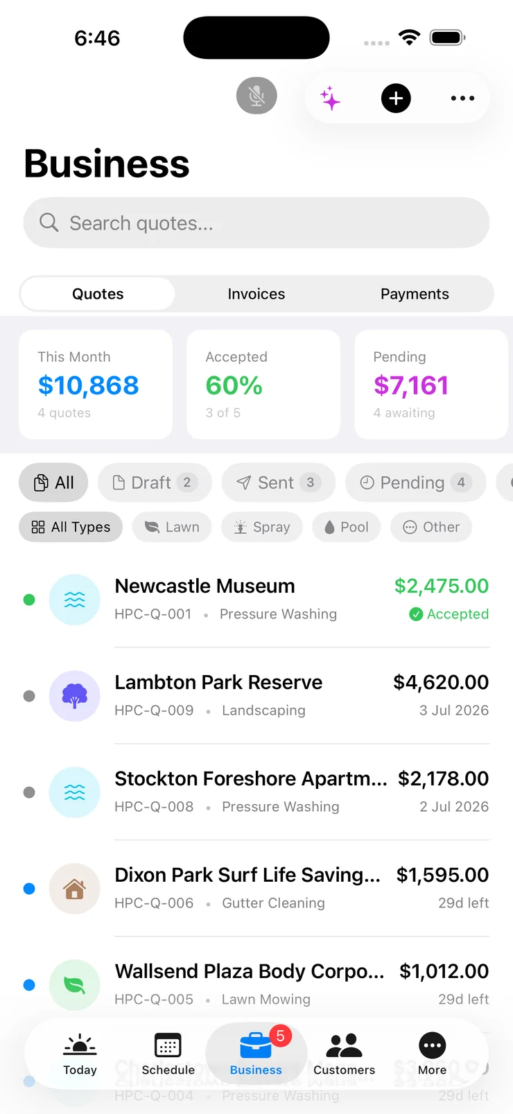 Quotes pipeline showing monthly value and acceptance rate — the outcomes FieldForge learns from