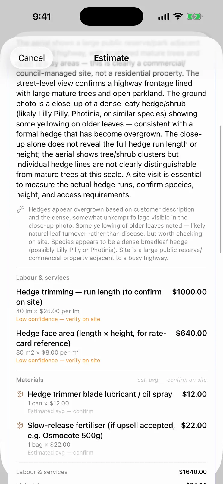 Remote AI estimate with honest low-confidence flags and verify-on-site notes on line items