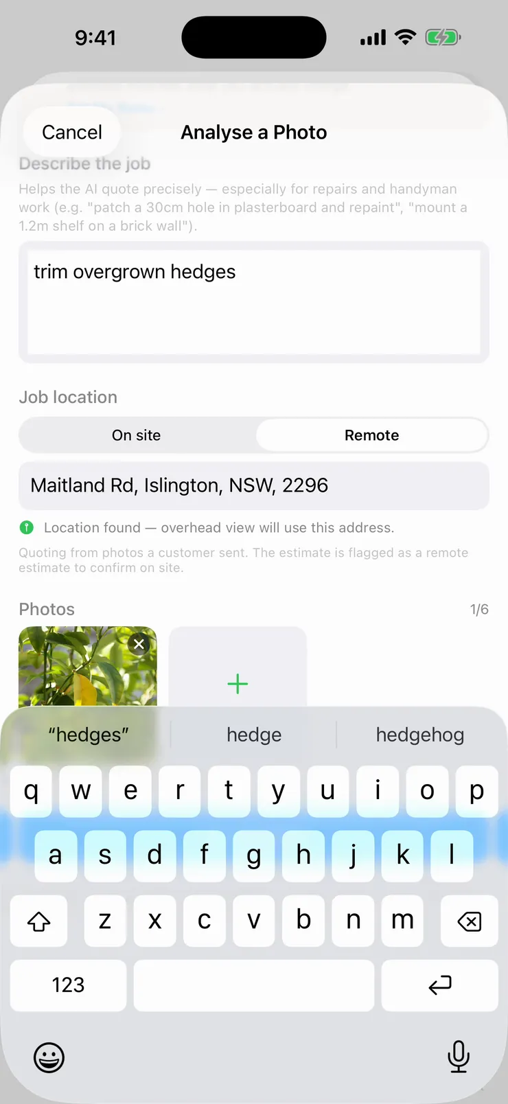 Analyse a Photo screen set to Remote with a verified address and the customer's photo attached