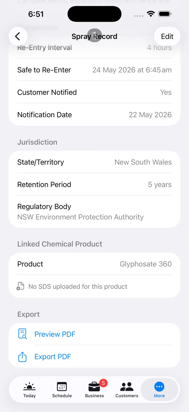 Spray record showing NSW retention period, regulatory body and PDF export